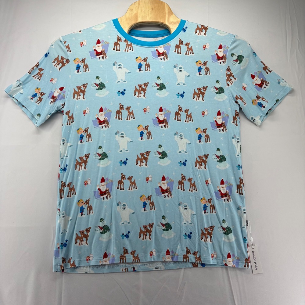 Bundle of Joy Bamboo Pajama Top Medium Blue Holiday Reindeer Santa Snowman NWT